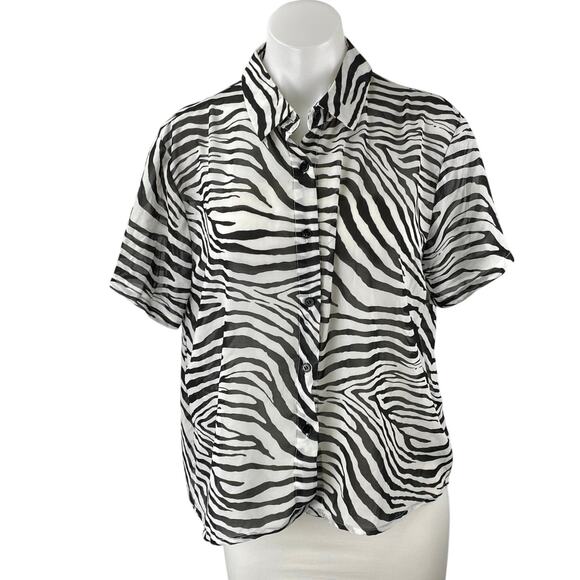 Princess Polly Black White Zebra Animal Print Short Sleeve Button Up Shirt Top 6 - Picture 1 of 5